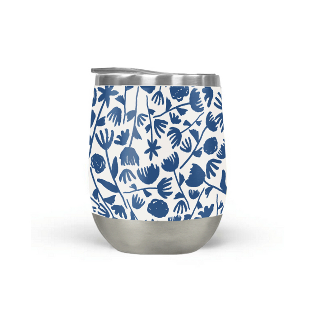 Dark Blue Ink Floral Wine Tumbler