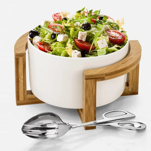 Family Size Large Salad Bowl Set With Serving Tongs And A Bamboo Stand WL-555010